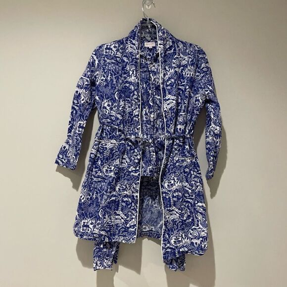 EUC Derek Rose London 3-Piece Pajama & Robe Set Royal Blue Jungle Toile Sz.11-12 - Picture 1 of 4